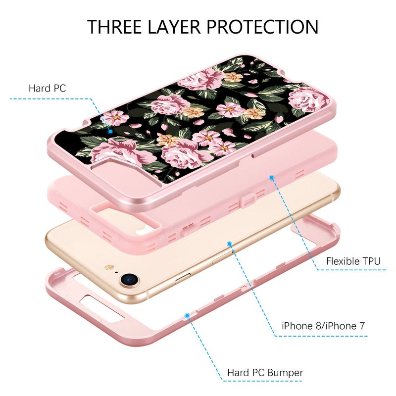 GUAGUA iPhone 8 Case iPhone 7 Case Three Layer Hybrid Hard PC Cover Soft Bumper High Impact ResistantAnti-Slip Protective Phone Case for iPhone 8/7 Floral/Rose Gold - Image 3